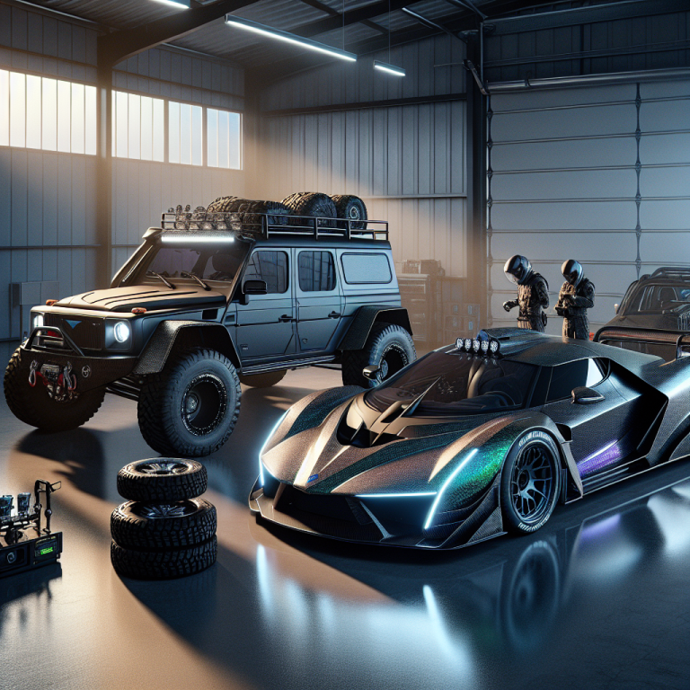 Автопарк чемпионов: гиперкар и кастомный внедорожник в элитном ангаре на рассвете