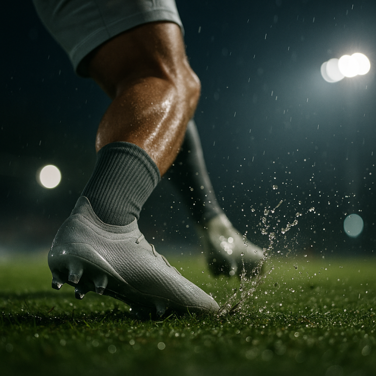 Unbranded football boot gripping wet turf, highlighting tech and tactical performance